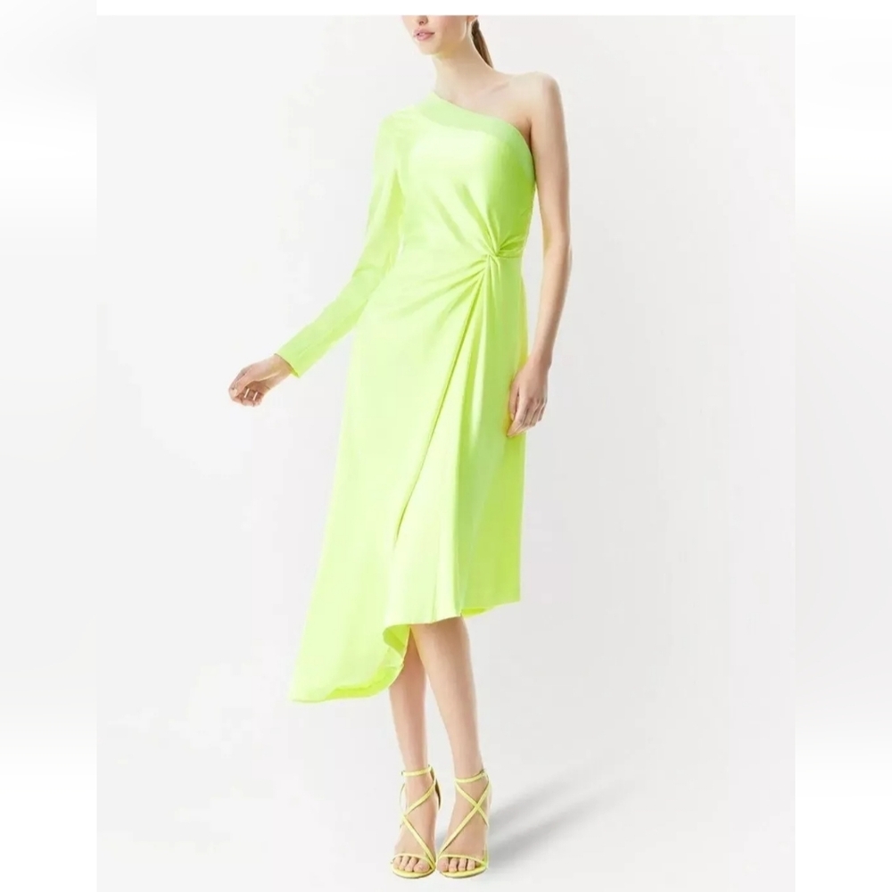 ALICE + OLIVIA Dora One-Shoulder Asymmetrical Yellow Neon Dress Size 6 - Picture 13 of 16